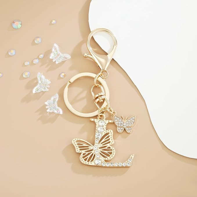 Gold Plated Alphabet Initial Letter Keyring Keychain for Women Girls Crystal Key Chains for Wallet Backpack Bag Charm