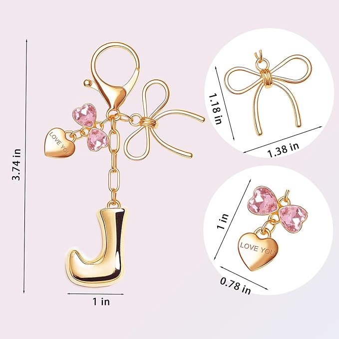 Gold Bubble Initial Keychain with Bow Decoration Bag Charms for Women, Cute Purse Handbag Accessories Gift