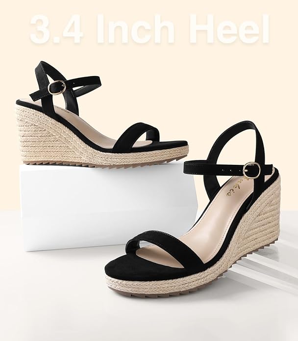 Ankis Platform Wedge Sandals for Women, Black Brown White Nude Espadrille Womens Wedge Sandals Comfortable Open Toe Ankle Strap High Heel Wedges for Women Dressy Summer -3.4Inch
