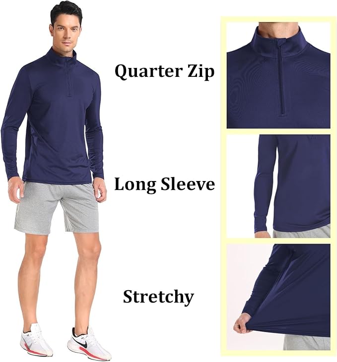 Mens Long Sleeve Shirts Quarter Zip Pullover UPF 50+ Sun Protection Wicking Moisture Workout Running Casual Athletic Tops
