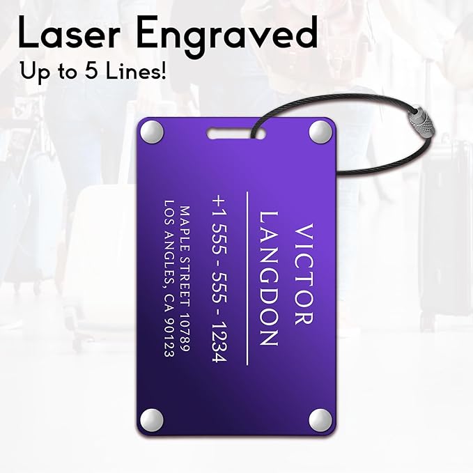 Personalized Luggage Tags for Suitcases - Aluminum Custom Luggage Tags for Backpacks & Bags, Sturdy, Waterproof & Heavy Duty (Purple/Card-Sized)