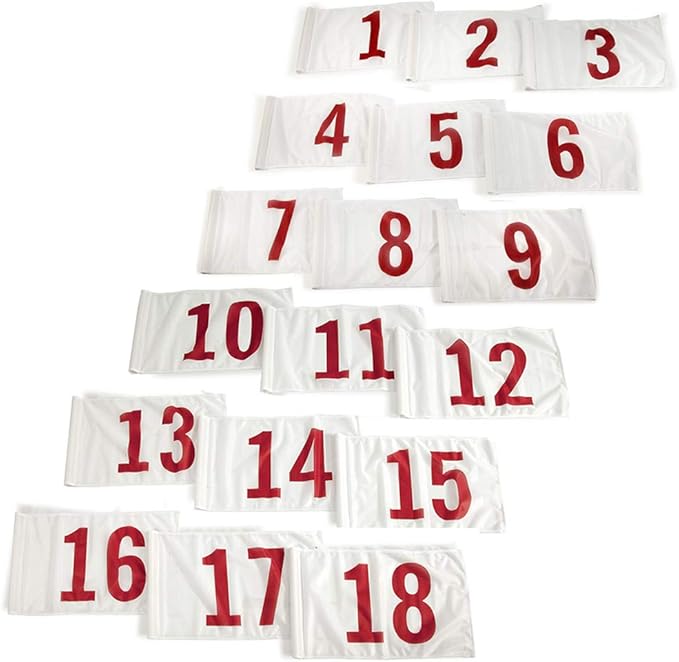 Vispronet Numbered Golf Flags for Putting Green (18) – 20in x 14in White & Red Flags Numbered 1-18, Golf Range Accessories for Courses, Outdoor Hole Flag, Durable Polyester Material
