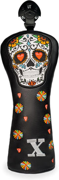 Colorful Skeleton Embroidery Club Covers Driver Headcovers Fairway Wood Cover Hybrid Head Cover Leather 3 Wood Headcover Golf Club Covers for Most Brand.