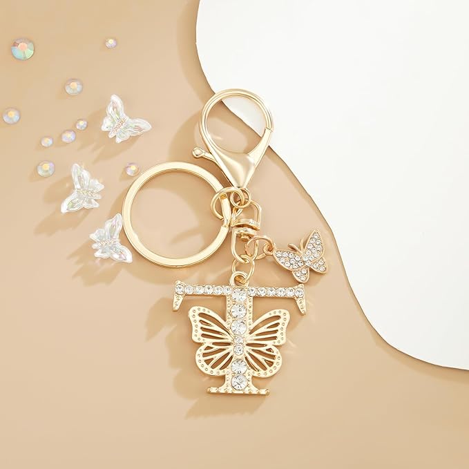 Gold Plated Alphabet Initial Letter Keyring Keychain for Women Girls Crystal Key Chains for Wallet Backpack Bag Charm