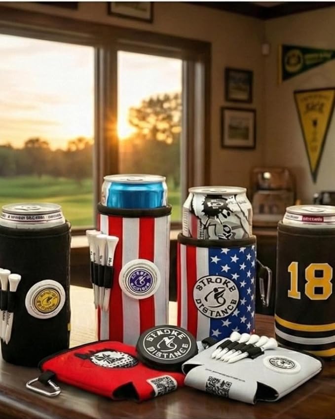 Beverage Caddie 3-in-1 Golf Insulator, Removeable Ball Marker, Bag Clip & Tees Combo - Blue- Tall Slim Can