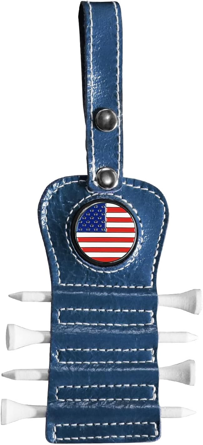 Golf Tee Holder with USA Ball Marker 4 Pcs White Wood Tees, Portable Hold Different Tee Leather Gift Hook Hanging Clip to Golf Bag Belt