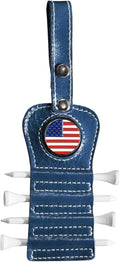 Golf Tee Holder with USA Ball Marker 4 Pcs White Wood Tees, Portable Hold Different Tee Leather Gift Hook Hanging Clip to Golf Bag Belt