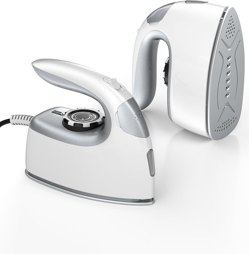 Sundu Small Iron for Clothes with Steam,Travel Iron Portable Non-Stick Soleplate Steamer for Quilting & Sewing,300 Microsteam Holes,90ml Water Tank,Lockable Safety Base-Silver