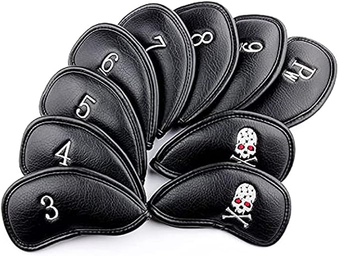 SEACLOUD 10Pcs Golf Skull Thick Synthetic Leather Iron Head Covers for Golf Iron Club Head Protectors