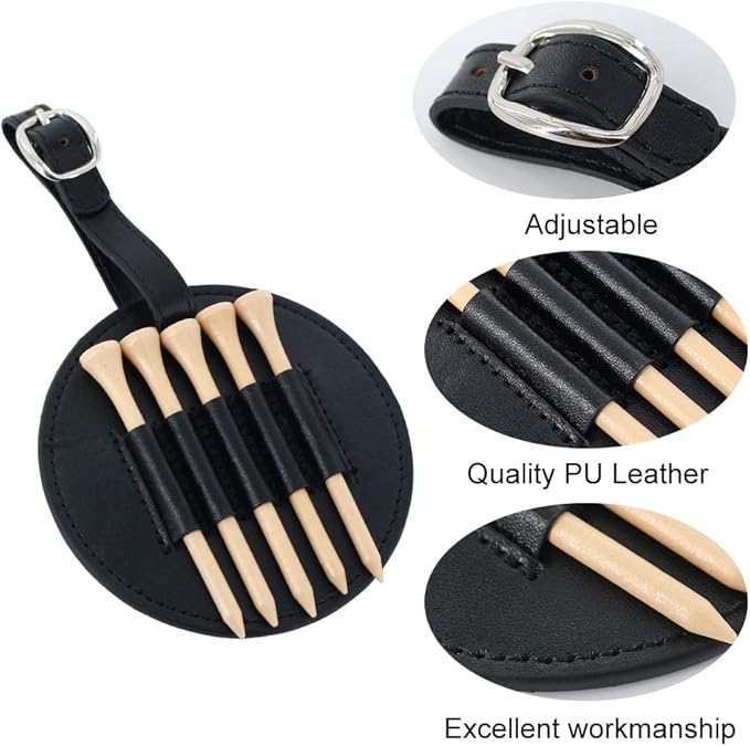 Leather Golf Tees Holder with 5 PCS Wooden Golf Tees 3-1/4 Inch Hook to Golf Bag Belt Clip for Golf Bag