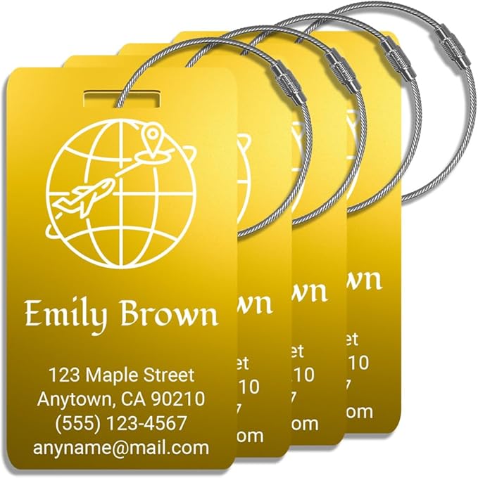 Personalized Luggage Tags for Suitcases 4 Pack – Custom Metal Name Tag for Travel, Golf Bag, and Baggage – Durable Aluminum Luggage Name Tags (Adventure Collection, Gold)