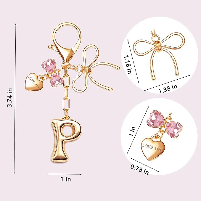 Gold Bubble Initial Keychain with Bow Decoration Bag Charms for Women, Cute Purse Handbag Accessories Gift