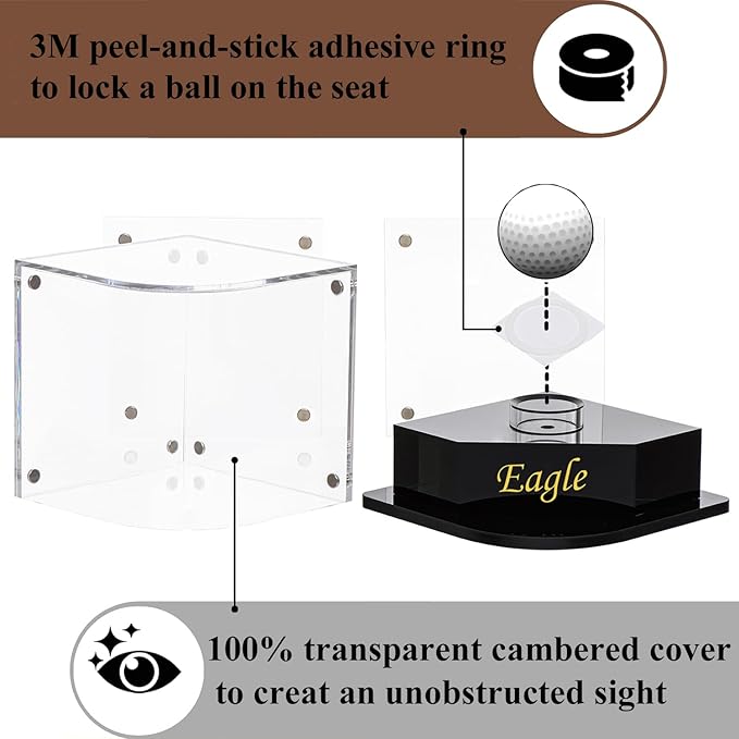 Golf Ball Display Case for Eagle Golfer. Black Ball Throne with Golden Stamp. 2X Background Frames on Each Side of Cambered Cover. Pencil Holder, Adhesive Dots are All Included, No Assembly