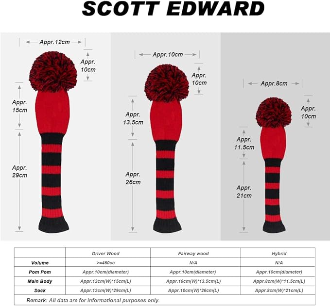 Scott Edward Golf Headcovers for Woods Set of 3 Fits Well Driver(460cc) Fairway Wood and Hybrid(UT) The Perfect Change for Golf Bag Classic Striped Style