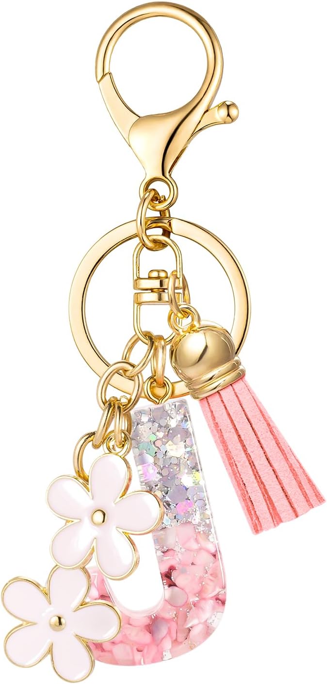 SELOVO Girls Pink Flower Chain Cute Keychain Initial Keychain Key Chain for Women