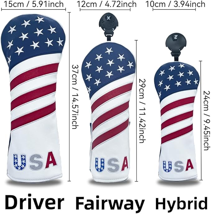 Golf American Style Head Cover Golf Club Blue and White Leather Headcovers Set Fits Driver Fairway Wood Hybrid Utility Putter Iron Wedge Headcover.