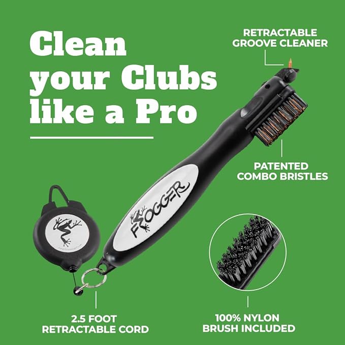 Frogger BrushPro Golf Club Cleaner with Ergonomic Grip and 2.5 ft. Retractable Cord, Sturdy Golf Club Brush and Groove Cleaner for Golfers, Golf Dad