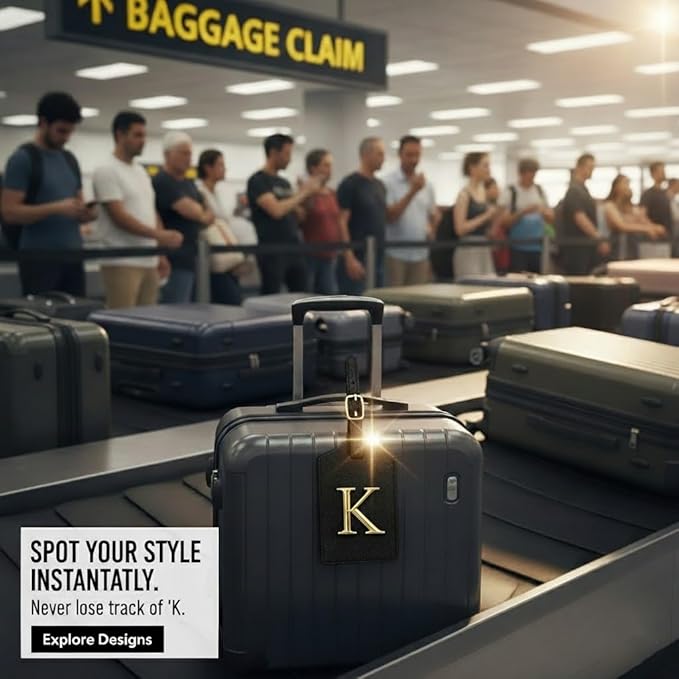 Personalized Initial Letter Luggage Tag for Suitcases PU Leather Baggage ID Tag with Metal Alphabet,Travel Accessory for Backpacks, Bags and Gift for Travelers (Black/Gold-Letter, K)