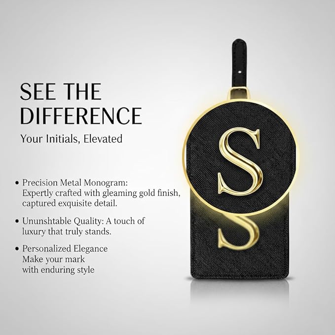 Personalized Initial Letter Luggage Tag for Suitcases PU Leather Baggage ID Tag with Metal Alphabet,Travel Accessory for Backpacks, Bags and Gift for Travelers (Black/Gold-Letter, S)