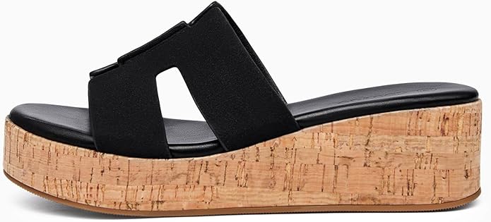 Coutgo Women's Platform Wedge Sandals Open Toe Slip On Slides Cork Heeled Cutout Comfortable Summer Shoes
