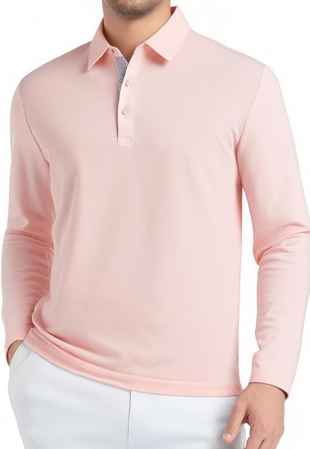 Alex Vando Mens Golf Shirt Moisture Wicking Quick-Dry Solid Long Sleeve Polo Shirts for Men