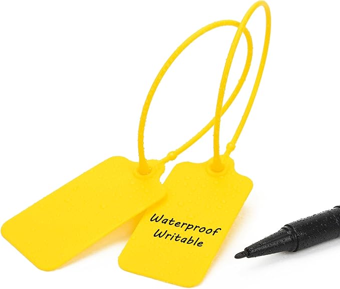 50pcs Luggage Tags Plastic Seals Shipping Label Logistics Sign Tie Bag Tag, Sealing Storage Multi Purpose Name ID Tag with Marker for Suitcases, Backpack, Schoolbag, Car Key (Yellow)