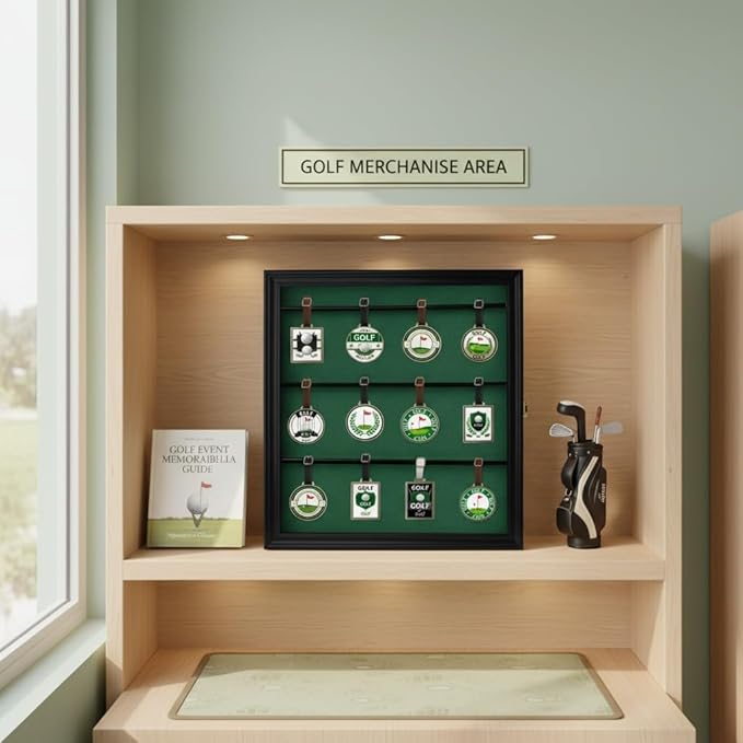 DisplayGifts Golf Bag Tag Display Case, UV-Protected Acrylic Wall-Mount Shadow Box with Green Felt Backing, Collector Cabinet for Personalized Golf Club Tags, 16 x 15.3 x 1.85 Inches, Black Finish