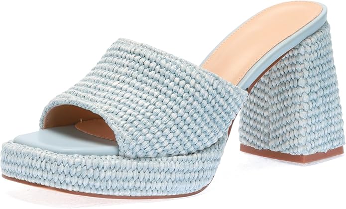 Monrovia Womens Sandals Heels for Women Slide On Block Chunky Platform High Heels Open Toe Raffia Wedge Sandals