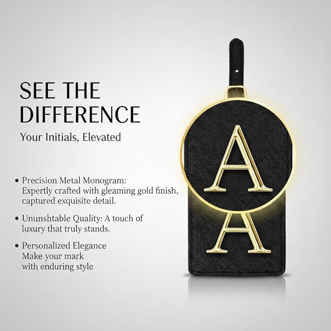 Personalized Initial Letter Luggage Tag for Suitcases PU Leather Baggage ID Tag with Metal Alphabet,Travel Accessory for Backpacks, Bags and Gift for Travelers (Black/Gold-Letter, A)