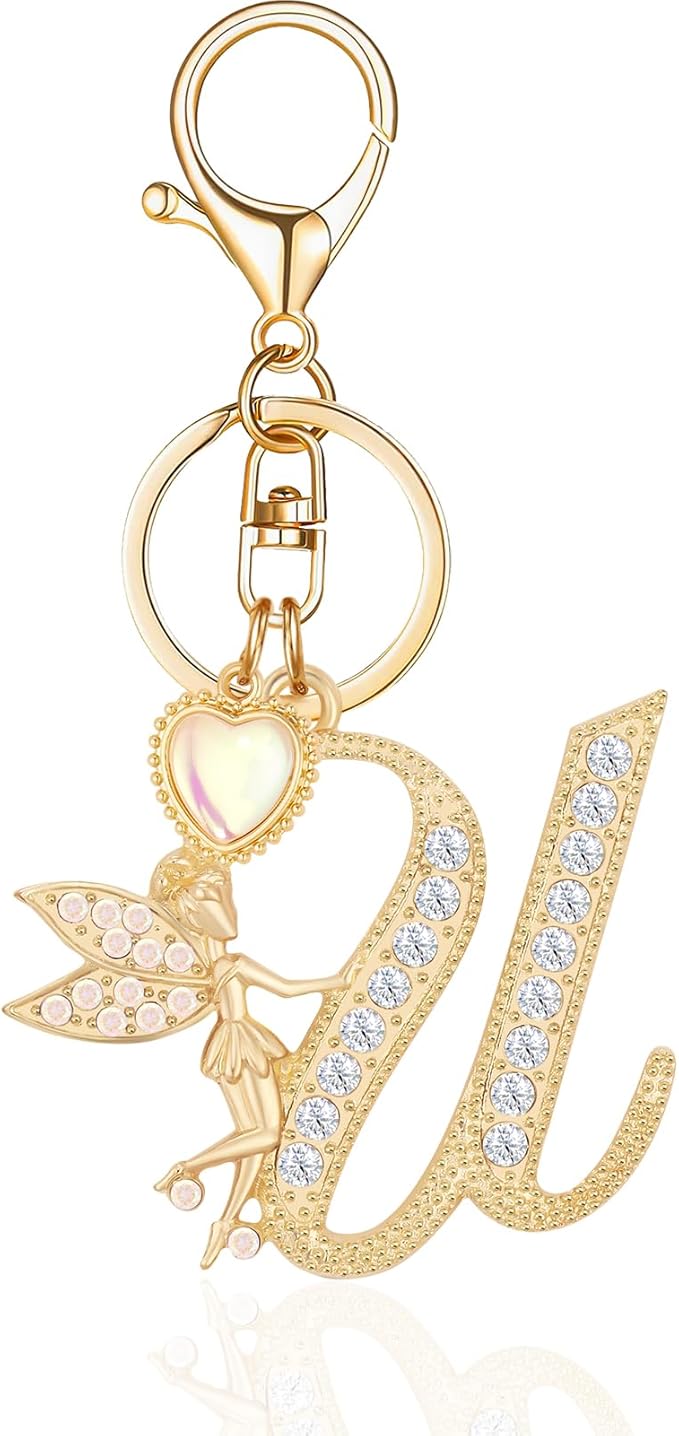 Gold Plated Alphabet Initial Letter Keyring Keychain for Women Girls Crystal Key Chains for Wallet Backpack Bag Charm
