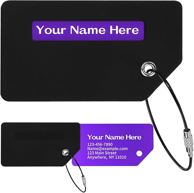 Personalized Luggage Tags for Suitcases, Custom Metal Luggage Tag for Bag with Silicone Sleeves, Durable Travel Tags, Laser Engrave Name Text, Gift for Travelers, 3.5x2 Inches (Black)