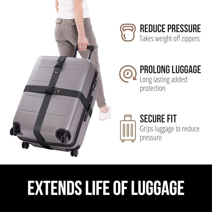 GORILLA GRIP Heavy Duty 8 Pack Adjustable Luggage Straps for Suitcases, Easy to Identify Travel Belt Connector Holds Suitcase Together, Extends Life of Bag, Strap Connects Two Bags, Accessories, Black