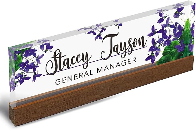Artblox Personalized Office Desk Name Plate and Business Card Holder | Clear Acrylic Glass with Teak Wood Stand | Violets Flowers Design Customized with Your Name and Credentials Office Desk Décor
