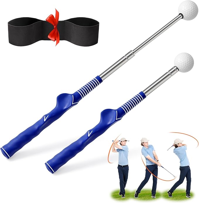 Retractable Golf Swing Training Aid, Right-Handed Golf Swing Trainer with Click Feedback, Tempo Stick Golf to Improve Strength & Tempo with Arm Band, Ideal for Beginners, Indoor & Outdoor Use