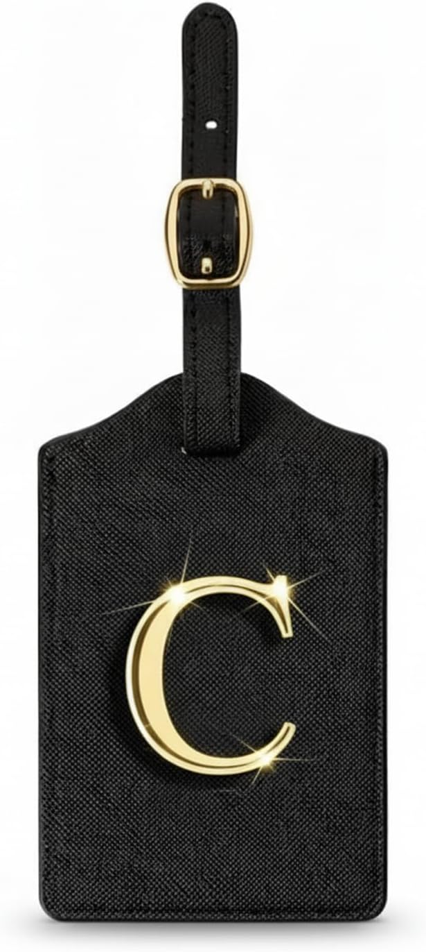 Personalized Initial Letter Luggage Tag for Suitcases PU Leather Baggage ID Tag with Metal Alphabet,Travel Accessory for Backpacks, Bags and Gift for Travelers (Black/Gold-Letter, C)
