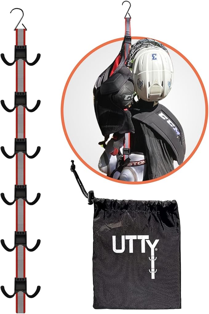 UTTY Hanging Multipurpose Portable Hockey Gear Drying Rack - Durable Gear Keeper & Sports Equipment Organizer - 6 Durable Adjustable Hooks, Support Light to Heavy Weight for Home, Travel & Outdoor Use