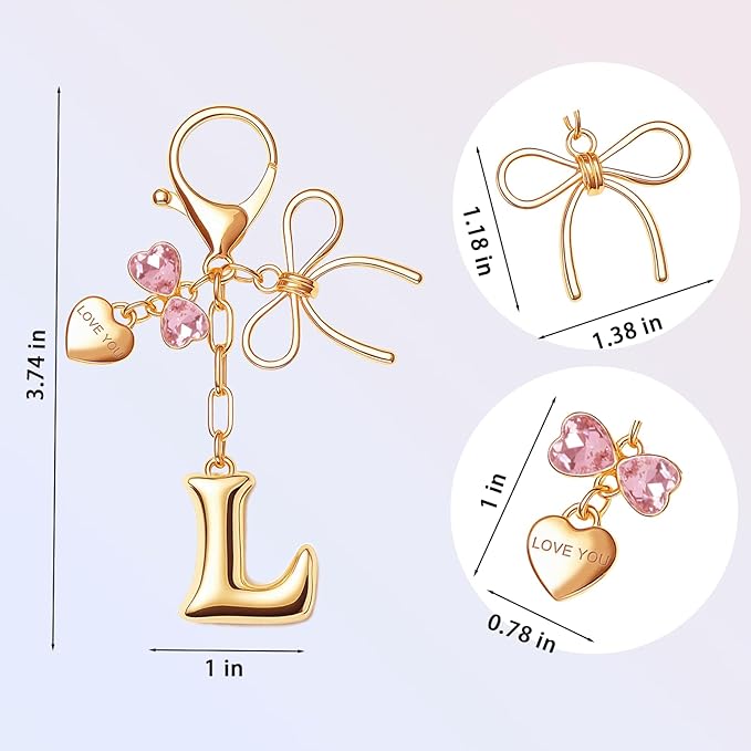 Gold Bubble Initial Keychain with Bow Decoration Bag Charms for Women, Cute Purse Handbag Accessories Gift