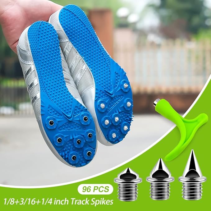 96PCS Alloy Steel Track Spikes, 32pcs 1/8in + 32pcs 3/16in + 32pcs 1/4in Track and Cross Country Spikes Golf Shoe Spike with Spike Wrench, Replacement for Sprint Sports Short Running