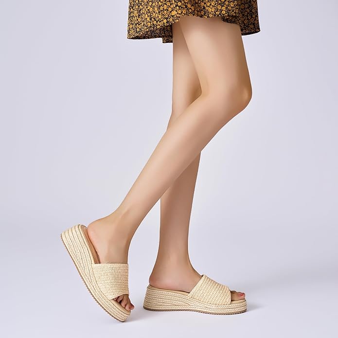 Platform Sandals Women Raffia Slip On Wedge Sandals,Comfortable Summer Wicker Espadrilles,Straw Beach Vacation Slides Shoes