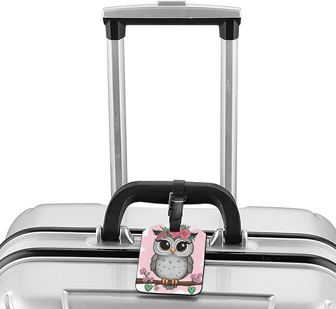 Cute Owl Luggage Tag for Suitcases,Cartoon Girl Owl Flowers Pink PU Leather Baggage Tags Bag Tags Travel Id Label for Luggage Women Men -1 Piece