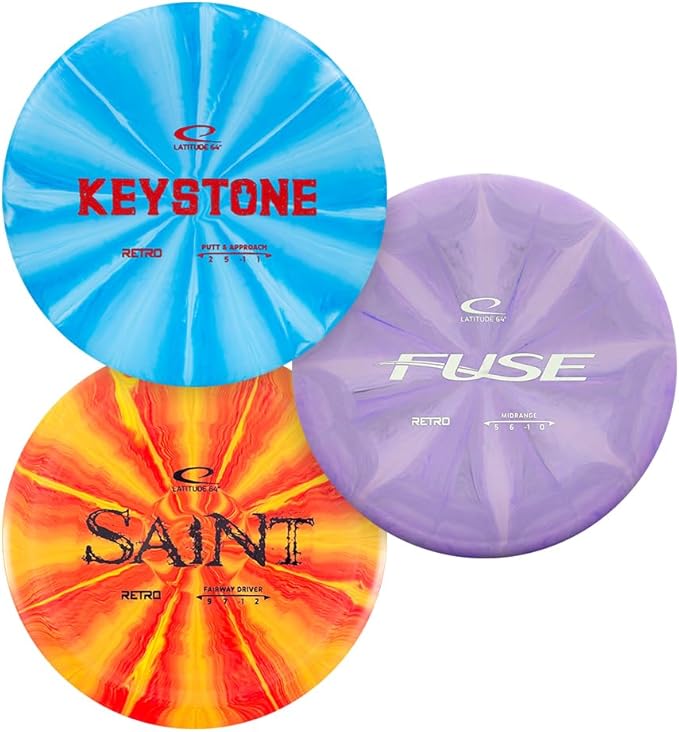 Latitude 64 Retro Burst Disc Golf Starter Set (3-Pack) - Disc Golf Discs Set for New to Intermediate Players | Includes Keystone, Fuse, Saint, Ballista | Grippy Base Plastic | Colors Vary