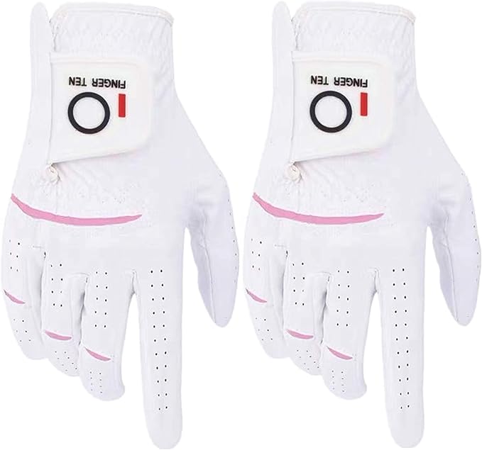 FINGER TEN Womens Ladies Golf Gloves Pair Both Hand or 2 Pack Left Right Hand, All Weather Grip & Comfortable Glove for Serious Performance, Stylish Pink White Fit S M L XL
