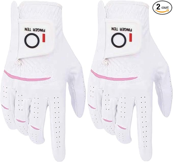 FINGER TEN Womens Ladies Golf Gloves Pair Both Hand or 2 Pack Left Right Hand, All Weather Grip & Comfortable Glove for Serious Performance, Stylish Pink White Fit S M L XL