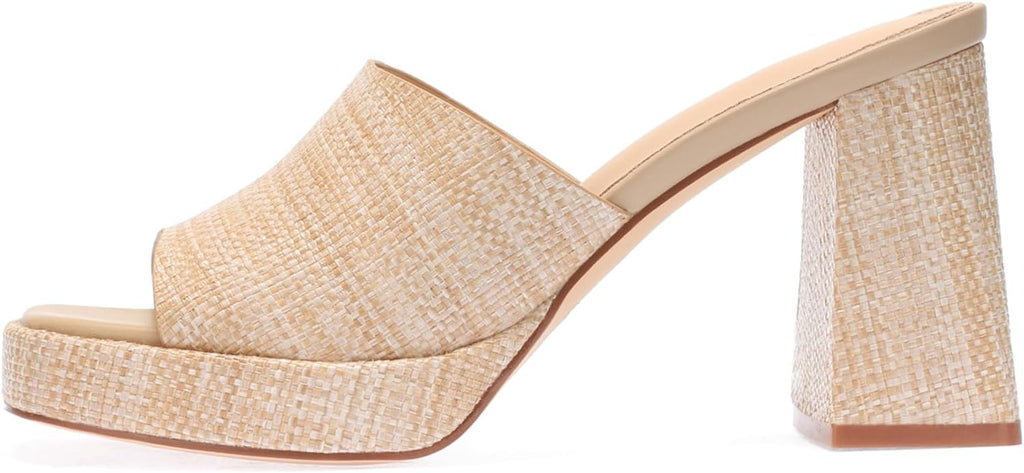 Monrovia Womens Sandals Heels for Women Slide On Block Chunky Platform High Heels Open Toe Raffia Wedge Sandals