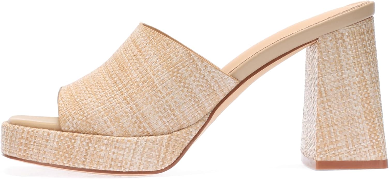 Monrovia Womens Sandals Heels for Women Slide On Block Chunky Platform High Heels Open Toe Raffia Wedge Sandals