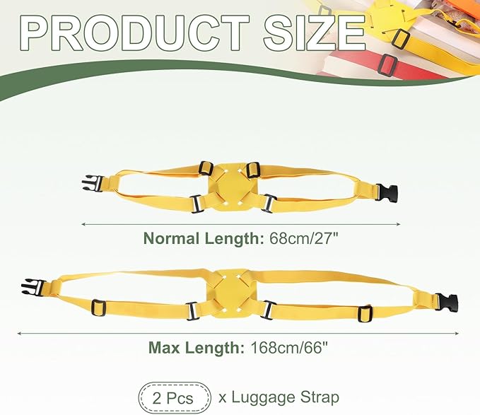 Adjustable Luggage Straps, Suitcase Elastic Strap Bag Bungee with Buckles Travel Accessories - Fitting for(Travel/Add A Bag/Securing Luggage), 27-66 Inch & 2Pcs & Yellow