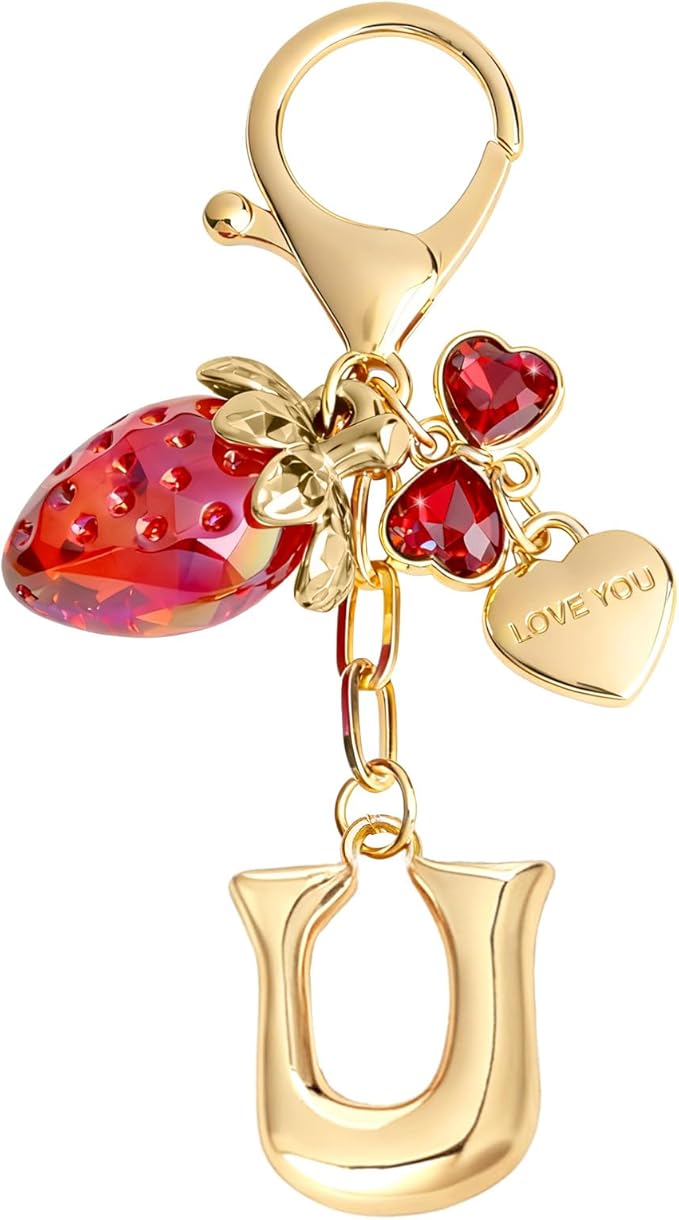 Snycler Bubble Initial Keychain with Strawberry & Bow- Gold Letter Bag Charms for Women, Cute Purse Handbag Accessories