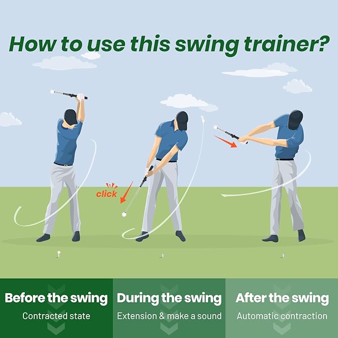 Retractable Golf Swing Trainer – 2025 Golf Gifts with Arm Band,Training Aid for Grip Correction, Swing Click Feedback & Arm Connection,For Right & Left-Handed Golfers,Indoor & Outdoor Practice