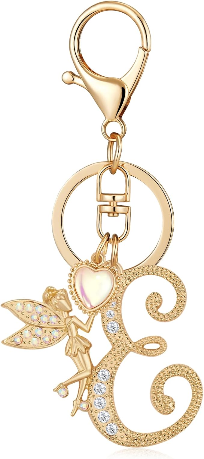 Gold Plated Alphabet Initial Letter Keyring Keychain for Women Girls Crystal Key Chains for Wallet Backpack Bag Charm