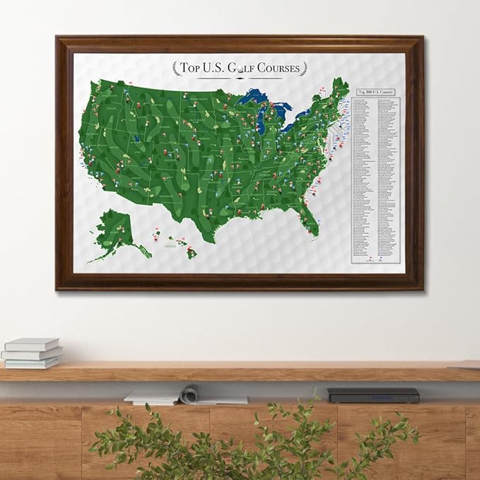 Push Pin Travel Maps Customizable Wall Art - Top Golf Courses USA Map - Brown Frame - Framed Pin Map, Includes 150 Pins - Handcrafted in USA - 27.5" x 39.5"